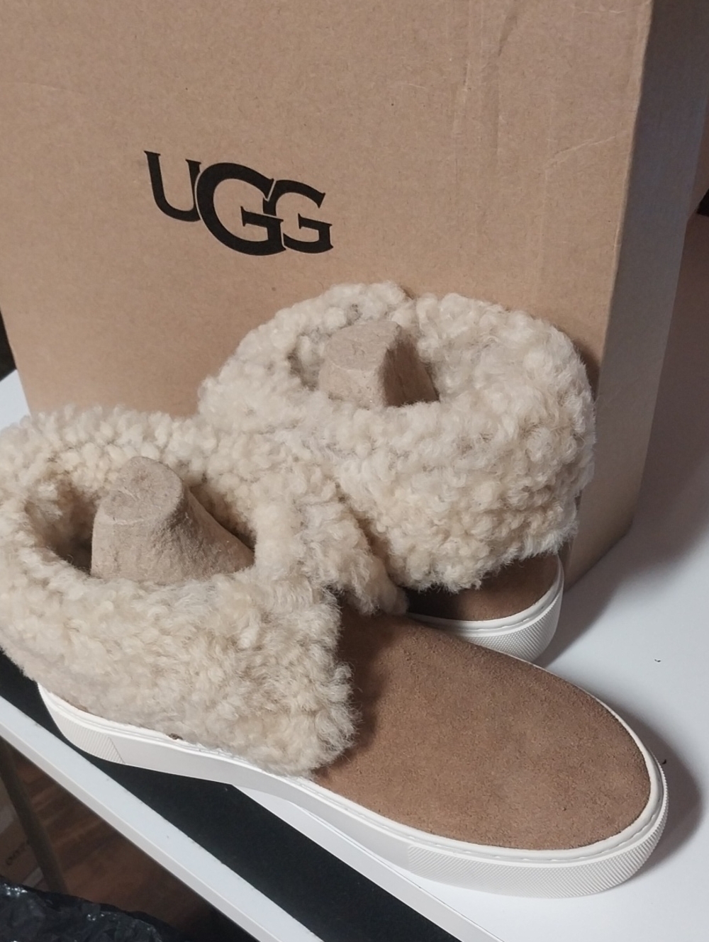 UGG Chestnut Suede Slip-On with Cream Shearling Trim